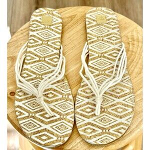 Roxy womens white Gold slip on comfort aztec sandals Flip Flops size 10 Tribal